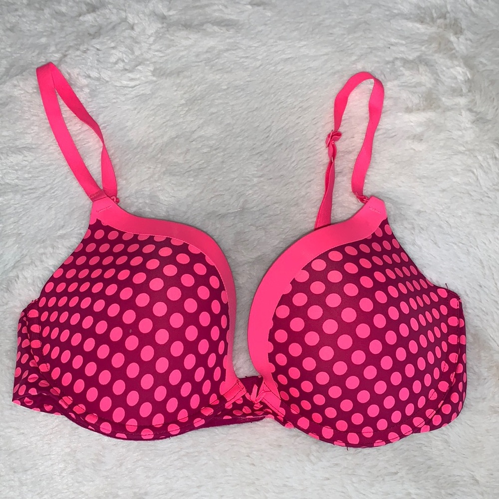 34C Victoria’s Secret PINK campus push-up polka dot bright pink bra